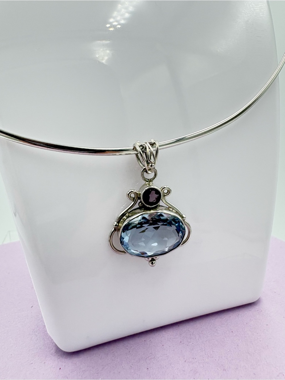 Elegant 925 Silver 10 CT Faceted Aquamarine & Amethyst Pendant - (Pendant Only) - Picture 7 of 16